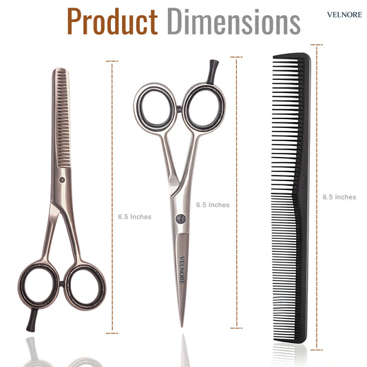 VELNORE Professional Hairdressing Scissors, 6.5" Hair Scissors Kit & Thinning Scissors & Hair Comb for Hair Cutting at Home, Barber, Women, Men, Children (Silver)