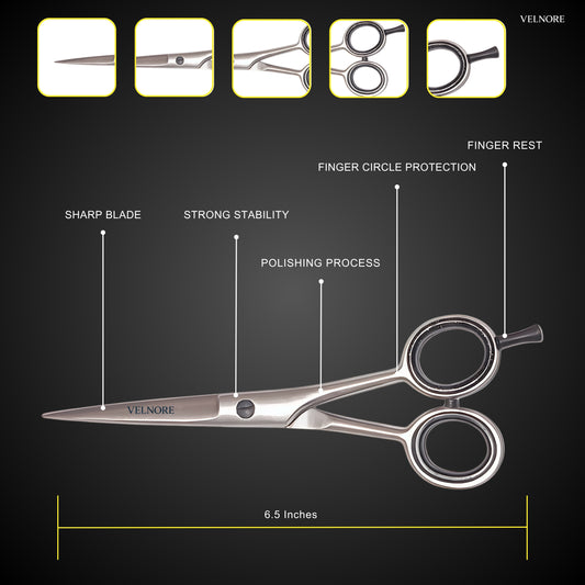 VELNORE Professional Hairdressing Scissors 6.5" Inch Hair Cutting Scissors Stainless Steel Suitable for Barbers, Men and Women, Gift for Husband (Silver)