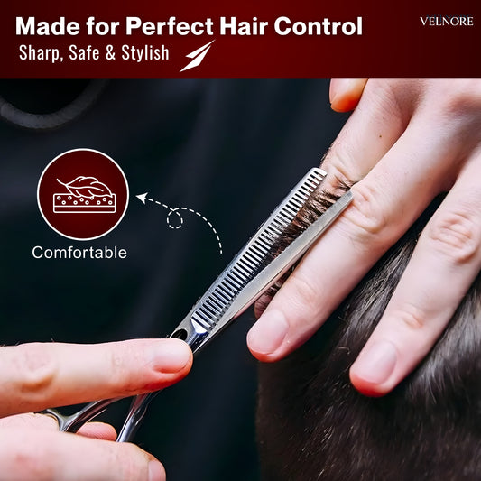 VELNORE Professional Hairdressing Scissors 6.5" Inch Hair Cutting Scissors Stainless Steel Suitable for Barbers, Men and Women, Gift for Husband (Silver - Thinning)