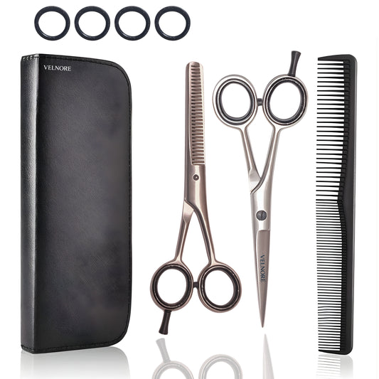 VELNORE Professional Hairdressing Scissors, 6.5" Hair Scissors Kit & Thinning Scissors & Hair Comb for Hair Cutting at Home, Barber, Women, Men, Children (Silver)